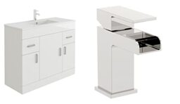 VeeBath Sphinx 1000 Vanity Unit with Basin and Waterfall Mixer Tap, Floor Standing Cabinet Rectangular Ceramic Wash Basin for Bathroom Furniture with 3 Doors and 2 Drawers- Gloss White (Flat Pack)