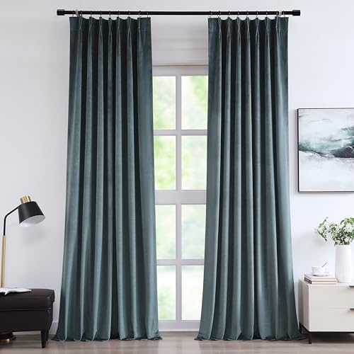 "Vision Home Storm Blue Velvet Pinch Pleated Blackout Curtains 95% Room Darkening Window Curtains 112 inch for Living Room Bedroom Thermal Insulated Velvet Pleat Drapes Pin Hooks 2 Panels 40"" Wx112 L"