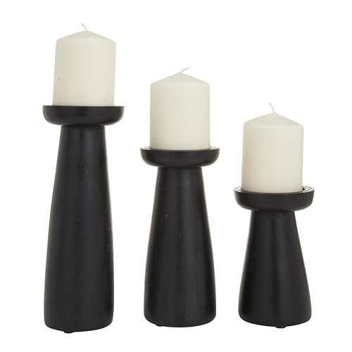 "Deco 79 Modern Wood Candle Holder Pillar Candle Holders Decorative Candlestick Holder for Home Decor, Wedding, Dinning, Party, S/3 10"", 6"", 8"" H, Black"