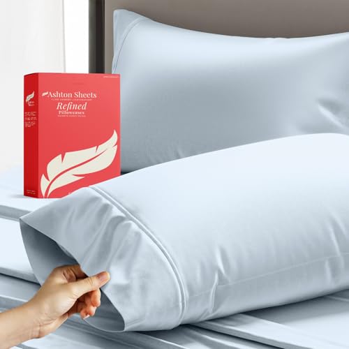 Ashton Sheets 100% Egyptian Cotton King Size Pillowcases Set of 2, 600 Thread Count Egyptian Cotton Sateen Weave King Pillow Cases, Silky Soft Hotel Quality Bed Pillow Covers for Sleeping (Light Blue)