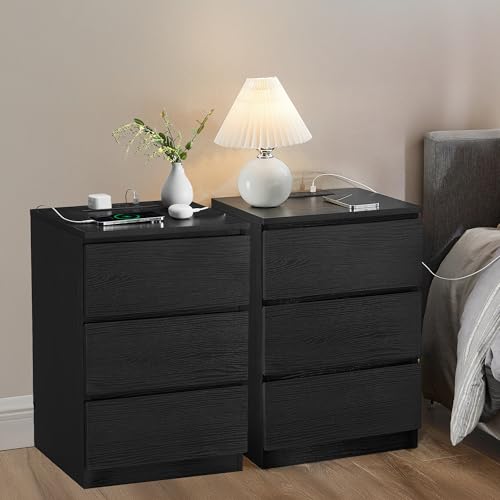 VASAGLE KAILYN Collection - Bedside Tables with Power Strip, Set of 2 Side End Tables with Drawers, 2 AC Outlets, 2 USB Ports, for Living Room, Bedroom, Study, Ebony Black LET831B57