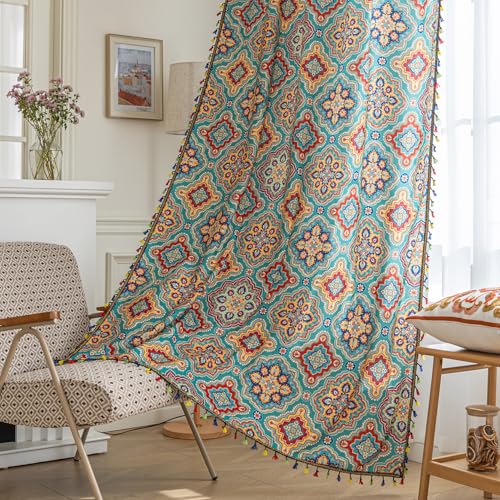 Erbnaryx Boho Curtains Geometric Light Filtering Semi-Blackout Window Curtains 54 Inches Long Rod Pocket Drapes for Living Room 2 Panels-Geometric Blue