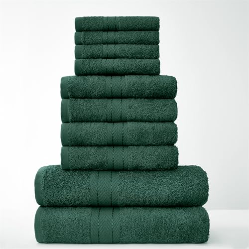 GC GAVENO CAVAILIA Towels Family Bale Set - 10 Piece 100% Egyptian Cotton, 4x Face 4x Hand 2x Bath Towel, Premium Quality Highly Water Absorbent Bathroom Accessories, Machine Washable, Dark Green