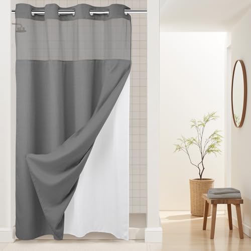 River Dream No Hooks Required Waffle Weave Shower Curtain with Snap in Liner -Stall 54W x 80H,Hotel Grade,Spa Like Bath Curtain,Gray
