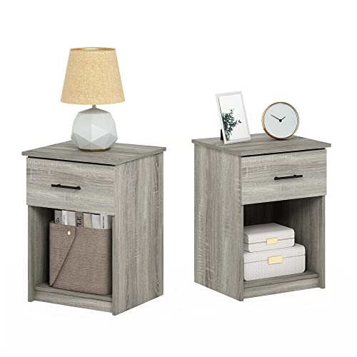 Furinno TIDUR Night Stand Set of 2, Modern Nightstand with Drawer, Bedside Table with Storage Shelf, End Table, Side Table, Bar Handle Drawer, for Bedroom, Living Room, Grey Oak