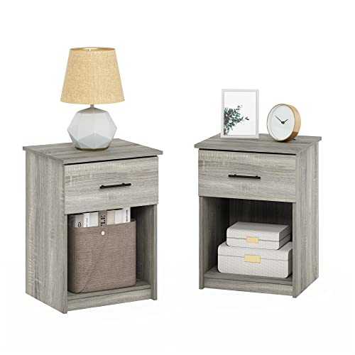 Furinno TIDUR Night Stand Set of 2, Modern Nightstand with Drawer, Bedside Table with Storage Shelf, End Table, Side Table, Bar Handle Drawer, for Bedroom, Living Room, Grey Oak