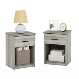 Furinno TIDUR Night Stand Set of 2, Modern Nightstand with Drawer, Bedside Table with Storage Shelf, End Table, Side Table, Bar Handle Drawer, for Bedroom, Living Room, Grey Oak