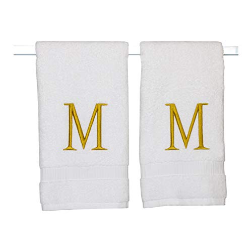 White with Gold Monogrammed Hand Towels for Bathroom - Set of 2 Letter M - Luxury Hotel Quality Initial Towels For Powder Room, Spa, GOTS Organic Certified