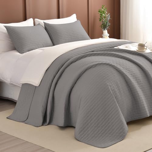 "Masaca Oversized King Bedspread 128""x120"",Grey Oversized King Quilt Bedding Set,Gray Soft Lightweight Extra Large Farmhouse Boho Bedspread & Coverlet Sets 3 Pieces"