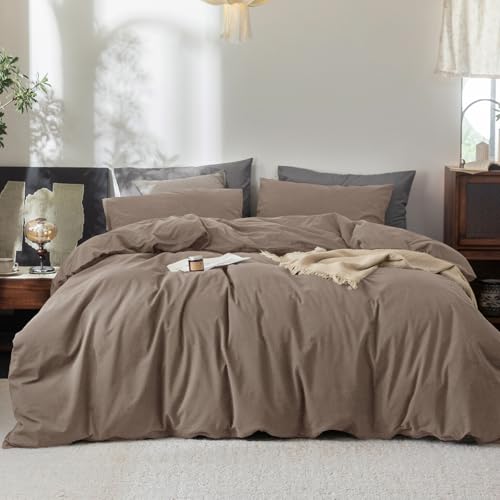 FOSSA Duvet Cover Set 100% Washed Cotton Linen Feel Super King - Super Soft Breathable Lightweight & All Season Bedding Set with Hidden Zipper & 8 Corner Ties (Pale Brown)