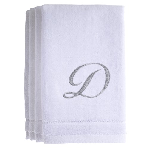 Monogrammed Towels Fingertip, Personalized Gift, 11 x 18 Inches - Set of 4- Silver Embroidered Towel - Extra Absorbent 100% Cotton- Soft Velour Finish - For Bathroom/Kitchen/Spa- Initial D (White)