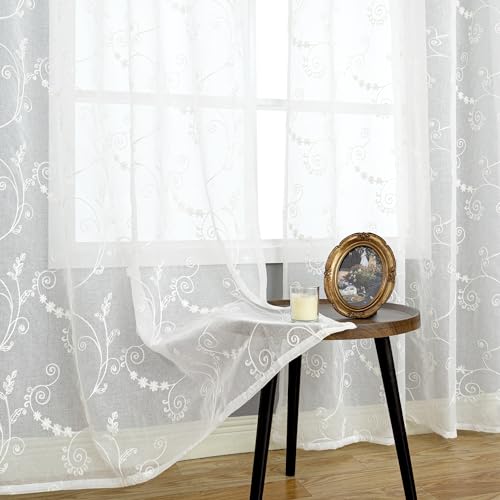 BGment Sheer Curtains for Bedroom 63 inch Long 2 Panels, White Embroider Curtains with Vine and Leaf Pattern Light Filtering Linen Textured Grommet Privacy Voile Kitchen Window Drapes, 52 x 63 Inch
