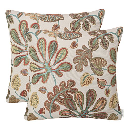 Mika Home Set of 2 Jacquard Tropical Leaf Pattern Throw Pillow Covers Decorative Pillowcase 22X22 Inches,Teal Cream