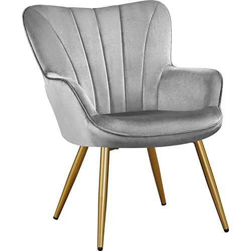 Yaheetech Modern Tub Chair, Velvet Fabric Living Room Armchair, Side Vanity Chair with Curved High Back and Thick Soft Padded Seat for Bedroom Makeup Reading Nook, Light Gray