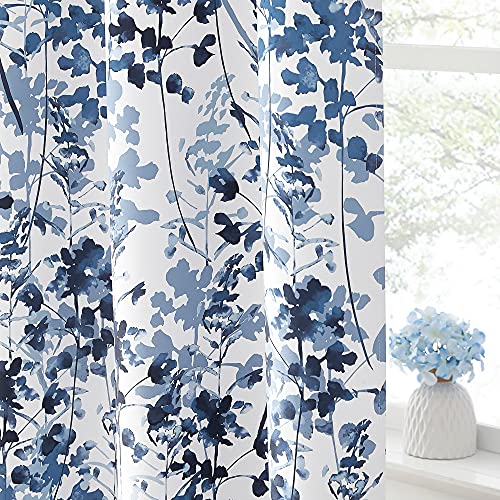KGORGE Printed Blackout Curtains with Pattern - Sunlight/UV Ray Reducing Grommet Top Window Draperies, Elegant Watercolor Foliage Patterned Art Gallery/Salon Decoration (Blue, W52 x L63, 2 Pcs)