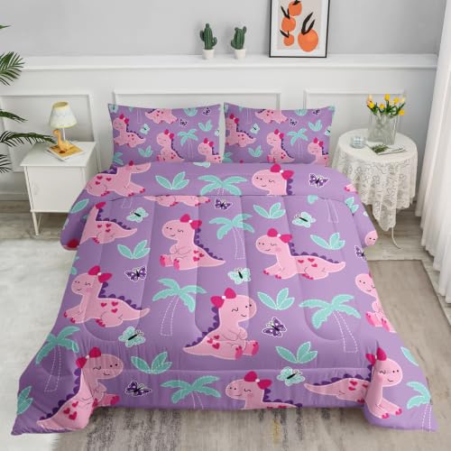 Axolotl Cute Dinosaur Comforter Set, Queen Size, Purple - Girls Bedding, Cartoon Dinosaur Design, All Season, 1 Quilt 2 Pillow Cases, For Girls Teens Kids Adults