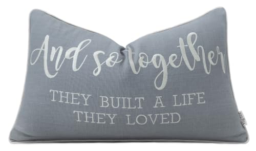 YugTex Romantic Couple Love Sentiment Embroidered Decorative Sayings Lumbar Accent Throw Pillowcase - and So Together Phrase Decor for Wedding, Anniversary, Valentine - 12x20 Inches, Light Grey