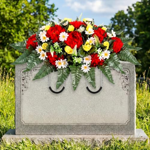 Giegxin Memorial Day Headstone Flower Saddle Cemetery Flowers for Grave Large Red Mums and Yellow Rose Artificial Memorial Bouquets Floral Arrangement Easter Outdoor Graveyard Decoration for Headstone