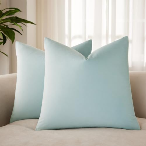 JUSPURBET 16x16 Decorative Velvet Throw Pillow Covers Set of 2,Powder Blue - JUSPURBET Soft Solid Small Pillow Covers,for Chair Living Room Bedroom,Luxury Modern Home Decor,Invisible Zipper,Square