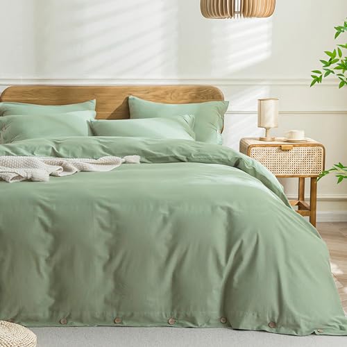 JELLYMONI Cotton Duvet Cover Full Size - Light Green Comforter Cover with Button 100% Washed Cotton 3PCS Breathable Soft Solid Bedding Set Duvet Cover 80??90in & 2 Pillowcases (NO Comforter)
