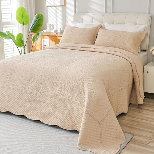 "Cmfshape 100% Cotton Quilt King Size-Beige Bedspread 106""x96""-Coin Pattern Bedding Set 3 Pieces-Pre-Washed Lightweight Microfiber Coverlet-Suitable for Bed,Couch,Quilt Blanket All Seasons"