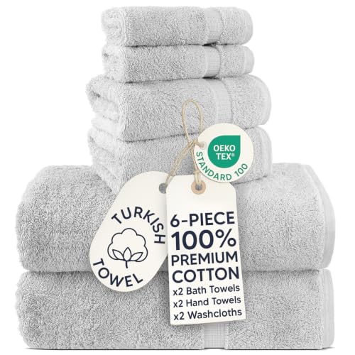 Chakir Turkish Linens 6 Piece Towel Set, 100% Cotton Turkish Towels for Bathroom, Luxury Soft Absorbent Bath Towel Set with 2 Bath Towels 2 Hand Towels 2 Washcloths, Silver Gray
