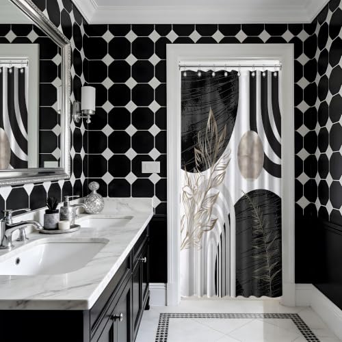 "QGHOT Boho Mid Century Modern Shower Curtain Black and White Shower Curtains for Mens Bathroom Decor Cool Grey Abstract MCM Masculine Bath Curtain Set, Waterproof Fabric with Hooks, 48"" W x 72"" L"