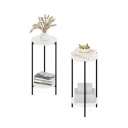 Furinno BESI Side Table Set of 2, 2-Tier Small Round End Table with Metal Legs, Night Stand, Bedside Table, Easy Assembly, for Living Room, Bedroom, White