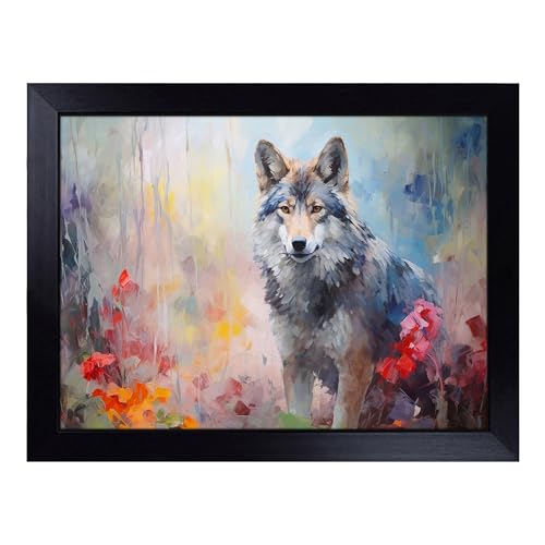 Lap Tray with Bean Bag Cushion, Wolf Impressionism - Handmade in the UK, Raised Wooden Edge, Padded Cushion, Heat-Resistant Wipe-Clean Surface, for Meals, Laptops and Crafts