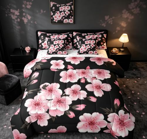 Feelyou Cherry Blossom Bed in a Bag Full Size Japanese Floral 7 Piece Bedding Set for Kids Girls Teens Toddler Pink Flower Comforter Set with Sheets Romantic Bed Set