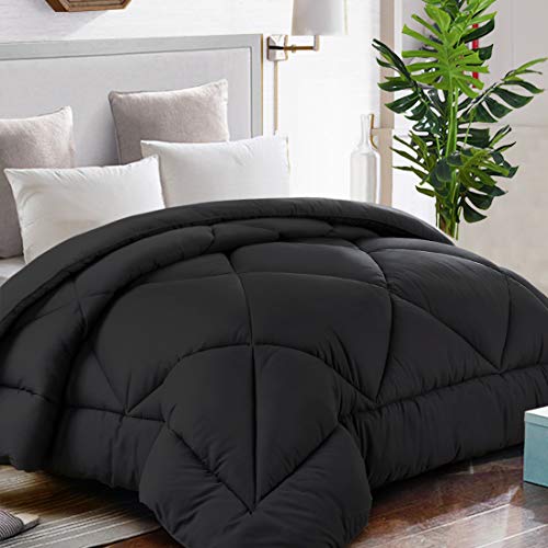 TEKAMON All Season Full Comforter Winter Warm Summer Soft Quilted Down Alternative Duvet Insert Corner Tabs, Machine Washable Fluffy Reversible Collection for Hotel, Black