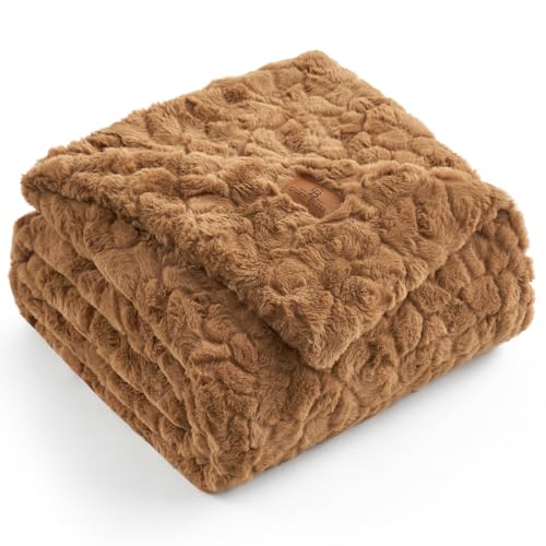 Cozy Bliss Faux Fur Throw Blanket for Couch, Fuzzy Soft Plush Thick Warm Fluffy Reversible Wave Textured Blanket for Sofa Bedroom Living Room, 55 * 70 Inches Brown