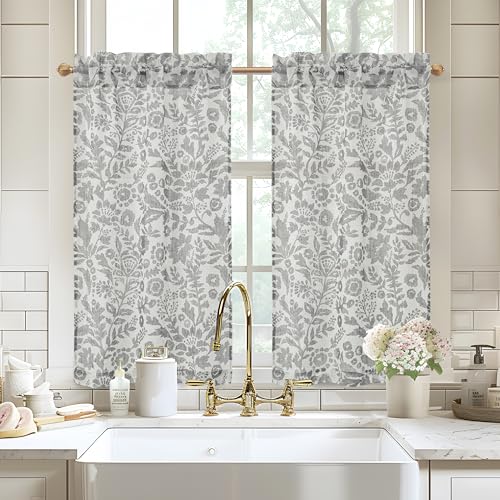 DriftAway Kitchen Curtain Floral Tier Linen Short Watercolor Flower Patterned Cafe Curtains 45 Inch Length for Living Room Bathroom Julia Farmhouse Rustic Drapes Rod Pocket 2 Panels Gray