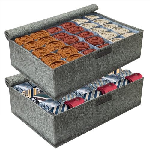Sock Drawer Organizer Divider 2 Pack Socks Organizer with Lid 30 Cell Foldable Closet Organizer Divider Cabinet Organizer Underwear Storage Boxes for Storing Socks Bra Handkerchiefs Ties Belts (Gray)