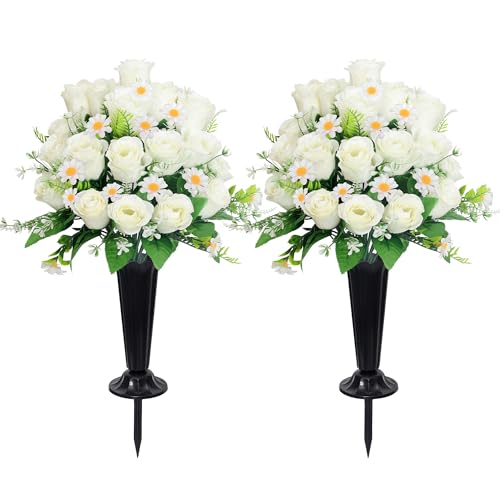 Wocst Artificial Cemetery Flowers for Grave Memorial Day Flowers for Cemetery,2Pack Artificial Silk Roses Daisy Bouquets with Cemetery Vases for Outdoor Grave Decorations ??? (White)