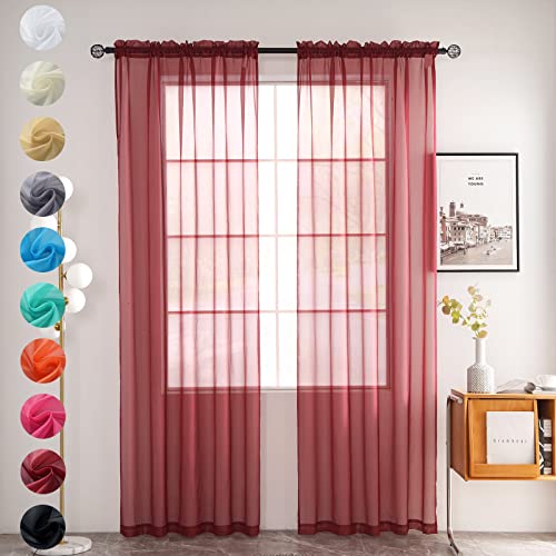 youleyar Solid Sheer Rod Pocket Curtain Voile Draperies 2 Panels White Beige Black Grey Coffee 52 Inch Width 90 Inch Long 1 Pair for Kitchen Bedroom Children Living Room Yard (Wine Red,52W???90L)