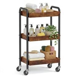 SONGMICS Storage Cart, Auxiliary Trolley, Kitchen Shelf with Handles, Easy Assembly, Bedroom, Bathroom, Kitchen, Steel Frame, 27.5 x 41.5 x 73 cm, Rustic Brown LRC081KD01