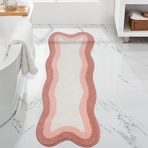 HAOCOO Bathroom Runner Rugs 18x47 inch, Non-Slip Long Rug Cute Bath Mat, Soft Luxury Shower Mat Microfiber Machine Washable Pink Floor Carpet for Sink Tub (washable back)