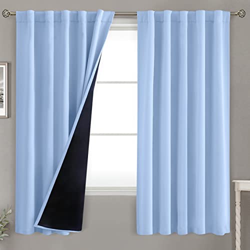 BGment Full Blackout Curtains with Thermal Insulation Liner Curtains 63 Inches Long, Rod Pocket and Back Tab Double Layer Room Darkening Window Curtain for Bedroom(42 x 63 Inch, 2 Panels, Light Blue)