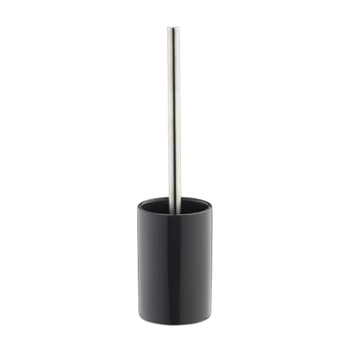 Relaxdays Ceramic WC Accessory Set, Toilet Brush with Round Holder, Exchangeable Brush Head, 36 cm, Grey