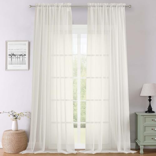 "Lecloud Ivory Sheer Curtains 108 Inches Long 2 Panels, Solid Airy Voile Extra Wide Sheer Curtains, Farmhouse Elegant Light Filtering Window Curtain Drapes for Living Room Balcony, 59"" W x 108"" L"