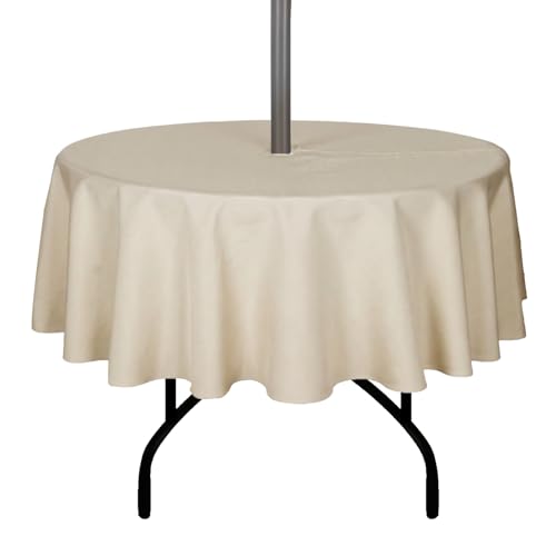 youngseahome Outdoor Tablecloth Wrinkle-Free Stain Resistant Waterproof Polyester Fabric Table Cover with Zipper Umbrella Hole for Picnic/Party/Dinner/Patio Garden(60inch Round,Zippered,Nature)