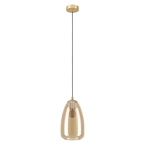 Eglo Pendant Lighting Alobrase, Ceiling Light Fitting, Hanging lamp for Dining Room Made of Brushed Brass Metal and Glass in Amber Colour, E27 Socket, Ø 7.9“