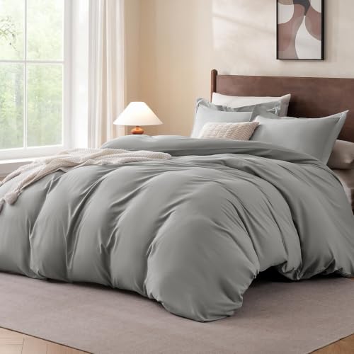 "FreshCulture Light Grey Twin Duvet Cover - 2 Pieces Microfiber Bedding Set, Soft Cozy Comforter Cover with Zipper Closure, 68""x90"", 1 Pillow Sham, Comforter Not Included"