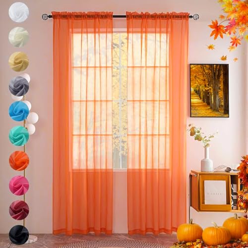 youleyar Solid Sheer Rod Pocket Curtain Voile Draperies 2 Panels White Beige Black Grey Coffee 52 Inch Width 72 Inch Long 1 Pair for Kitchen Bedroom Children Living Room Yard (Orange Red,52W???72L)
