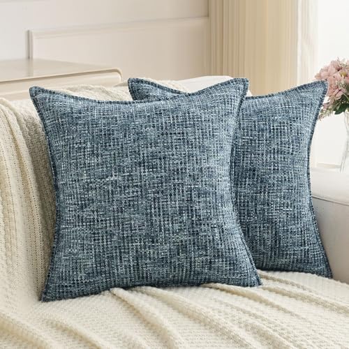 FUTEI Pack of 2 Tweed Chenille Throw Pillow Covers 22x22 Inch, Navy - Premium Chenille Front/ Smooth Velvet Back,Hidden Zipper,Machine Washable,Pilling-Resistant,Colorfast, Insert Not Included.