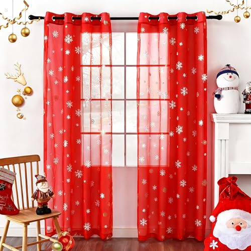 youleyar Snowflake Christmas Sheer Curtains, Luxury Silver Foil Print Voile Sheer Curtains, Metallic Bronzing Treatment Pair for Holiday Window Decoration, Living Room, 2 Panels Red, 52 x 72L
