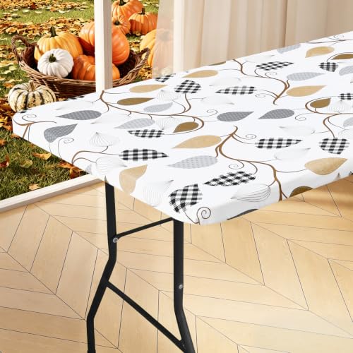 "homing Rectangle Table Cloth Cover, Water-Resistant Polyester Elastic Fitted Tablecloth, Fits for 6 Foot Folding Tables, Washable Table Protector for Camping, Outdoor (Blooms Leaves, 30"" x 72"")"