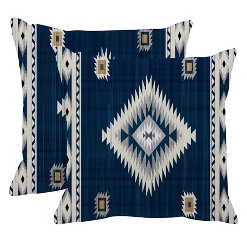 Britimes Throw Pillow Covers, Aztec Home Art Decor, 18 x 18 Inches Set of 2 Cushion Couch Sofa Cases, Navy Blue Tribal Western Pillowcases for Bedroom, Geometric Living Room Decorative