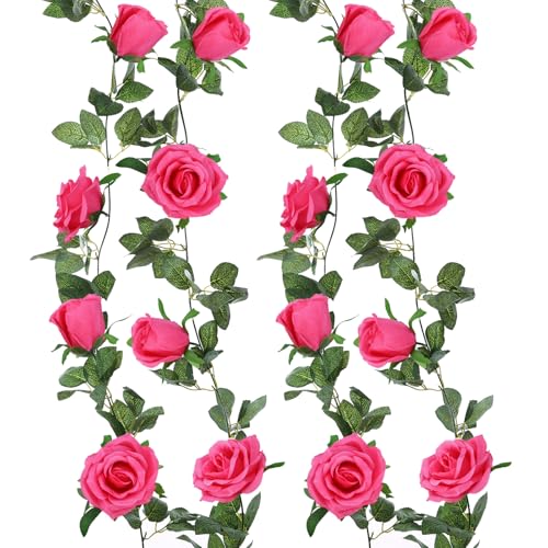 Felice Arts 2 Pack Hot Pink Artificial Floral Garland Each 6.5FT Fake Rose Vine Hanging Rose Garland for Wedding Flowers Table Centerpiece Arrangement Room Baby Shower Teepee Mirror Decor
